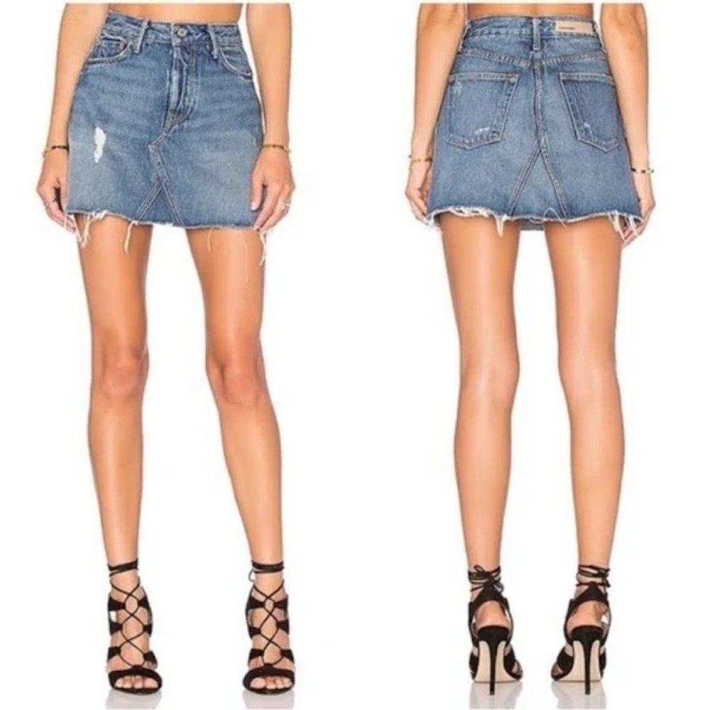 GRLFRND Eva Distressed Faded A-Frame High Waist Denim Mini Skirt REVOLVE Size 26 - Picture 8 of 16